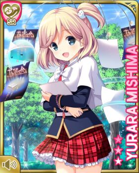 1girl beads blonde_hair blue_jacket book bracelet cape day flyer ghost girlfriend_(kari) grey_eyes holding holding_book hood hood_down hugging_book hugging_object jacket jewelry looking_at_viewer mishima_yurara necklace neckwear_request official_art open_mouth outdoors park plaid_clothes plaid_skirt qp:flapper red_skirt short_hair side_ponytail skirt smile solo standing tagme tired tree