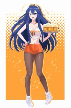 1girl absurdres alcohol alternate_costume beer blue_eyes blue_hair breasts commission employee_uniform fire_emblem fire_emblem_awakening highres hooters lilshironeko long_hair lucina_(fire_emblem) medium_breasts nintendo orange_shorts print_tank_top short_shorts shorts solo tank_top vgen_commission waitress
