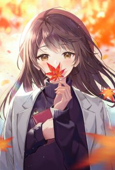 1girl ahoge autumn autumn_leaves backlighting black_sweater blush book brown_eyes brown_hair day falling_leaves grey_jacket highres holding holding_book holding_leaf ichikawa_haru jacket jacket_on_shoulders leaf long_hair long_sleeves looking_at_viewer maple_leaf original outdoors revision solo sunlight sweater upper_body