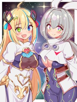 2girls :d ahoge ancie ancie_(cosplay) black_background black_bodysuit blaster_master_zero blaster_master_zero_3 blonde_hair blue_eyes blue_hair blush bodysuit breast_press breasts card-en-ciel cleavage commentary_request commission commissioner_upload company_connection cosplay costume_switch cougar_(cougar1404) covered_navel dress eve_(blaster_master_zero) eve_(blaster_master_zero)_(cosplay) glowing_lines goggles goggles_around_neck green_eyes grey_hair hair_between_eyes hair_ornament hair_ribbon heterochromia large_breasts long_hair looking_at_viewer low_ponytail multicolored_eyes multicolored_hair multiple_girls open_mouth ponytail rainbow_eyes ribbon scar scar_on_face skeb_commission smile star_(sky) streaked_hair very_long_hair white_dress