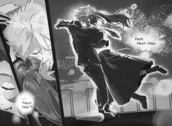 Rule 34 | 1boy, 1girl, aerith gainsborough, aerith gainsborough (midgard seventh high school), arms around neck, baggy pants, baseball bat, belly chain, black boots, black gloves, black jacket, black pants, black sailor collar, black shoes, black skirt, blush, boots, closed eyes, cloud strife, cloud strife (midgard seventh high school), couple, crop top, delinquent, emi-bianchi, english text, final fantasy, final fantasy vii, final fantasy vii: ever crisis, fireworks, flower, full body, gakuran, gloves, greyscale, hair between eyes, hair flower, hair ornament, hair ribbon, hetero, highres, hug, jacket, jewelry, long hair, long skirt, midriff, monochrome, official alternate costume, pants, parted bangs, ponytail, ribbon, rooftop, sailor collar, school uniform, shirt, shoes, short hair, sidelocks, skirt, smile, spiked hair, sukeban, twintails, white shirt