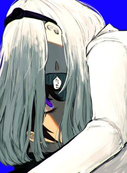 Rule 34 | 1boy, 1girl, bababa081, black hair, black hairband, blue background, blue eyes, commentary, covered eyes, curtained hair, grey hair, hairband, highres, jacket, kashimiya karua, looking at another, looking up, open mouth, ringed eyes, short hair, sumino takumi, the hundred line -last defense academy-, translated, white jacket