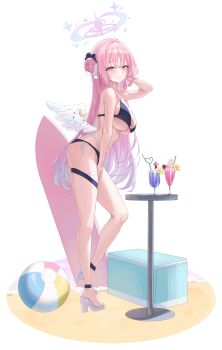 1girl absurdres alternate_costume bare_arms bare_legs bare_shoulders between_legs bikini black_bikini black_scrunchie blue_archive blush breasts cleavage feathered_wings from_side grin hair_bun hair_ornament hair_scrunchie halo hand_between_legs hand_in_own_hair hido88 high_heels highres large_breasts long_hair looking_at_viewer mika_(blue_archive) pink_hair purple_halo scrunchie shoes sidelocks single_side_bun smile solo swimsuit thigh_strap white_shoes white_wings wings yellow_eyes