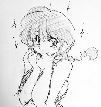 1girl blush braid braided_ponytail clenched_hands commentary greyscale hashtag-only_commentary monochrome ranma-chan ranma_1/2 simple_background smile sparkle sunshinek traditional_media