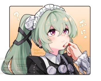 Rule 34 | 2girls, ?, artist name, black dress, blush, border, closed mouth, commentary request, corin wickes, dress, earclip, earrings, ellen joe, fingernails, frilled wristband, green hair, hair between eyes, hand on another's chin, jewelry, long hair, maid, maid headdress, motion lines, multiple girls, out of frame, purple eyes, red nails, screw hair ornament, twintails, white border, yumefukura, zenless zone zero