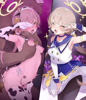 1boy 1girl animal_ear_hairband animal_ears animal_print armpits ashiba barcode barcode_tattoo bell bikini black_pantyhose blue_archive blue_choker blue_corset blush breasts brown_hair choker clothed_sex corset covering_one_eye cow_ear_hairband cow_ears cow_horns cow_print cow_print_bikini cow_print_gloves cow_print_thighhighs cow_tail cowbell dark-skinned_male dark_skin doodle_sensei_(blue_archive) ear_tag elbow_gloves fake_animal_ears fake_horns gloves grabbing_another&#039;s_breast groping hairband halo happy_sex heart hetero hifumi_(blue_archive) highres horns idol idol_clothes mischievous_straight_uniform_(blue_archive) navel neck_bell nipples official_alternate_costume one_eye_closed open_mouth pantyhose print_bikini print_gloves print_thighhighs sensei_(blue_archive) sex small_breasts smile stage stray_pubic_hair sweat swimsuit tail tattoo thighhighs v variant_set