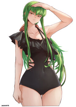 1girl aosora2823 armpits artist_name c.c. code_geass cropped_legs green_hair highres long_hair looking_at_viewer low_ponytail navel one-piece_swimsuit ponytail sidelocks solo swimsuit thighs yellow_eyes