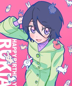 1girl :d black_hair bleach blush character_name coat commentary_request english_text green_coat hair_between_eyes happy_birthday highres kuchiki_rukia long_sleeves looking_at_viewer open_mouth purple_eyes rabbit red_background short_hair smile techimi