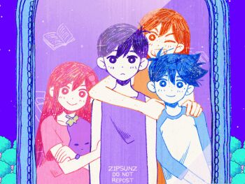 1girl 3boys alternate_costume alternate_hair_color alternate_universe animated animated_gif arm_around_shoulder aubrey_(headspace)_(omori) aubrey_(omori) blue_hair blush bow bright_pupils closed_mouth collarbone colored_skin grin hair_bow hero_(headspace)_(omori) hero_(omori) holding holding_stuffed_toy kel_(headspace)_(omori) kel_(omori) long_hair long_sleeves looking_at_mirror mirror mr._plantegg_(omori) multiple_boys omori one_eye_closed orange_hair orange_tank_top parted_lips pink_bow pink_hair purple_hair purple_tank_top shirt short_hair short_sleeves smile stuffed_eggplant stuffed_toy sunny_(omori) t-shirt tank_top teeth white_pupils white_skin zipsunz