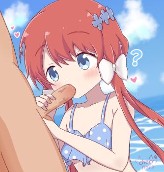 Rule 34 | 1boy, 1girl, aged down, bikini, blue eyes, blush, breasts, censored, cherrinako, clothed female nude male, female focus, heart, hetero, highres, kirara fantasia, lamp (kirara fantasia), long hair, looking at penis, nose, nude, oral, penis, red hair, sex, sky, small breasts, swimsuit, veins, veiny penis, wather