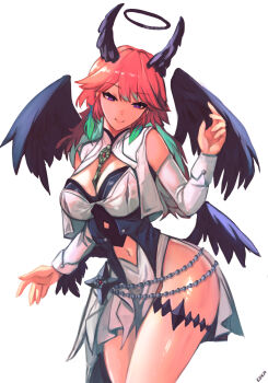 Rule 34 | 1girl, black wings, breasts, chain, cleavage, clothing cutout, cosplay, demon horns, detached sleeves, dress, eden exile, fallen angel, feathered wings, feathers, gradient hair, green hair, halo, highres, hololive, hololive english, horns, jewelry, large breasts, long hair, looking at viewer, multicolored hair, navel, navel cutout, orange hair, purple eyes, simple background, smile, solo, takanashi kiara, thighs, virtual youtuber, white background, wings