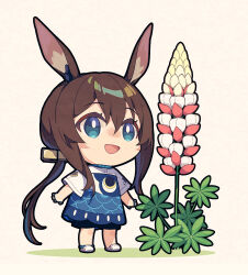 Rule 34 | 1girl, :d, amiya (arknights), animal ear fluff, animal ears, arknights, black shorts, blue eyes, blue skirt, brown background, brown hair, chibi, colored shadow, flower, full body, hair between eyes, jewelry, open mouth, rabbit ears, ring, saipaco, shadow, shirt, shoes, short sleeves, shorts, shorts under skirt, simple background, skirt, smile, solo, standing, white flower, white footwear, white shirt, wide sleeves