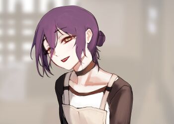 1girl absurdres apron black_choker black_shirt chainsaw_man choker eunseori2321 green_eyes grey_apron hair_bun highres looking_at_viewer open_mouth purple_hair reze_(chainsaw_man) shirt solo two-tone_shirt white_shirt