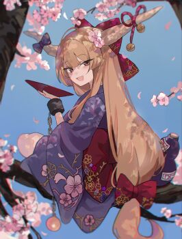 1girl :d alternate_costume bell blonde_hair blue_sky bow brown_horns chain cherry_blossoms cuffs cup falling_petals fang floral_print floral_print_kimono flower from_behind gourd hair_bow hair_flower hair_ornament highres holding holding_cup horn_ornament horn_ribbon horns ibuki_suika in_tree japanese_clothes jingle_bell kani_nyan kimono long_hair long_sleeves looking_at_viewer looking_back low-tied_long_hair obi_bow oni open_mouth outdoors petals pink_flower print_kimono purple_kimono red_bow red_eyes ribbon sakazuki shackles sitting sitting_in_tree skin_fang sky smile solo touhou tree very_long_hair wide_sleeves
