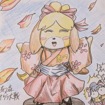 Rule 34 | 2girls, animal crossing, blue hair, breasts, closed eyes, constricted pupils, cosplay, crossover, hair ribbon, isabelle (animal crossing), japanese clothes, legs, long hair, long skirt, multiple girls, nintendo, ponytail, ribbon, sakura taisen, sega, shinguuji sakura, skirt, small breasts, smile, surprised, sword, thighs, tongue, traditional media, translated, weapon