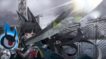 1girl animal_ears aqua_jacket black_hair braid bright_pupils ethereal_(zenless_zone_zero) fox_ears fox_girl gauntlets half_up_braid highres holding holding_sword holding_weapon hoshimi_miyabi id_card jacket katana long_hair looking_at_viewer missing_commentary orange_eyes outdoors qianbihezhong rain reflection shirt single_gauntlet sword tailless_(zenless_zone_zero) upper_body weapon white_pupils white_shirt zenless_zone_zero