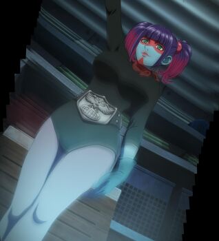 1girl anime_screenshot arm_up ascot belt black_leotard breasts closed_mouth cowboy_shot curvy dutch_angle female_focus green_eyes hair_bobbles hair_ornament highres indoors kamen_rider large_breasts legs_together leotard lipstick long_sleeves looking_ahead makeup multicolored_hair purple_hair red_ascot red_lips ryona shocker_(kamen_rider) short_hair smile solo stitched third-party_edit toujima_tanzaburou_wa_kamen_rider_ni_naritai twintails two-tone_hair wide_hips yukarisu