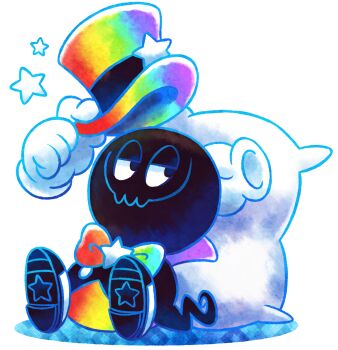 1boy black_shoes bow bowtie buttons commentary english_commentary gloves hat highres holding holding_unworn_clothes holding_unworn_hat looking_to_the_side mario_&amp;_luigi:_dream_team mario_&amp;_luigi_rpg mario_(series) masanori_sato_(style) mast3r-rainb0w nintendo original pillow rainbow rainbow_gradient shoes signature simple_background sitting smile solo star_(symbol) top_hat unworn_hat unworn_headwear white_background white_gloves