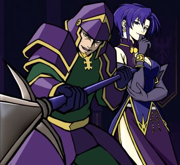 Rule 34 | 1boy, 1girl, armor, breasts, cleavage, commentary request, ditamoni44, earrings, elbow gloves, fire emblem, fire emblem: the blazing blade, gloves, highres, holding, holding polearm, holding weapon, jewelry, maxime (fire emblem), nintendo, polearm, purple armor, purple eyes, purple gloves, purple hair, ursula (fire emblem), weapon