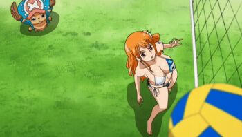 10s 1boy 1girl 2016 animal_ears animated animated_gif anime_screenshot antlers ball bikini breasts cleavage curvy deer_ears flower grass hair_ornament hat holding holding_ball hooves horns large_breasts long_hair nami_(one_piece) one_piece one_piece_special:_episode_0 open_mouth orange_hair playing_sports ryona shiny_skin shirt striped_clothes striped_shirt swimsuit tagme tattoo thong thong_bikini tony_tony_chopper vertical-striped_clothes vertical-striped_shirt volleyball_(object) volleyball_(sport) volleyball_net wide-eyed wide_hips