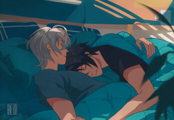 2boys artist_name asaba_harumasa bed black_hair black_shirt blanket blue_shirt blurry blurry_foreground cup ear_piercing earrings from_side grey_hair hair_between_eyes hashtag-only_commentary head_on_pillow indoors jewelry kaa05n2 lying lying_on_person male_focus multiple_boys on_back on_bed parted_lips piercing pillow shadow shirt short_hair sleeping wise_(zenless_zone_zero) yaoi zenless_zone_zero