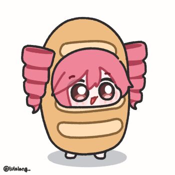 1girl :d baguette bread chibi chibi_only commentary commentary_request double-parted_bangs drill_hair food food_costume full_body highres kasane_teto korean_commentary lulalang open_mouth red_eyes red_hair short_hair simple_background smile solo twin_drills twitter_username utau white_background
