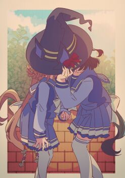 2girls black_hair bow bowtie braid braided_hair_rings brick_wall brown_hair collarbone hair_rings hat hat_with_ears holding holding_unworn_clothes holding_unworn_hat honkawa_works horse_girl horse_tail implied_kiss kitasan_black_(umamusume) long_hair long_sleeves multiple_girls outdoors purple_sailor_collar purple_serafuku purple_shirt purple_skirt red_bow sailor_collar sailor_shirt school_uniform serafuku shirt short_hair skirt sweep_tosho_(umamusume) tail thighhighs tracen_school_uniform twintails umamusume unworn_hat unworn_headwear white_bow white_bowtie white_thighhighs witch_hat yuri