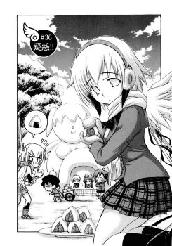 Rule 34 | 2boys, 4girls, :t, angel, angel wings, anger vein, astraea (sora no otoshimono), blazer, bow, bowtie, breasts, chibi, closed mouth, cloud, crossed arms, deformed, earmuffs, feathered wings, food, gloves, greyscale, highres, ikaros, jacket, kneeling, large breasts, long hair, long sleeves, looking at viewer, minazuki suu, miniskirt, mitsuki sohara, monochrome, multiple boys, multiple girls, onigiri, outdoors, plaid clothes, plaid skirt, pleated skirt, sakurai tomoki, satsukitane mikako, scarf, school uniform, skirt, sky, snow, socks, sora no otoshimono, sugata eishirou, tareme, third-party source, tree, twintails, v-shaped eyebrows, very long hair, wings