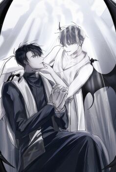 2boys bat_wings black_eyes black_hair black_robe black_wings demon_horns feet_out_of_frame finger_to_mouth fingernails gradient_skin hand_on_another's_face highres holding_rosary horns kim_dokja looking_at_another male_focus multiple_boys narak omniscient_reader's_viewpoint own_hands_clasped own_hands_together robe scarf sharp_fingernails short_hair sitting white_robe white_scarf wings yoo_joonghyuk