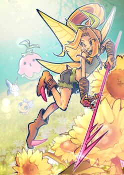 Rule 34 | 1girl, 3others, ankle boots, bee, bell, blonde hair, blue eyes, boots, bow, breasts, brown boots, bug, butterfly, commentary request, crop top, digimon, digimon (creature), elbow gloves, facial mark, fairy, fairy wings, flower, full body, gloves, green shirt, green shorts, hair bow, highres, holding, holding polearm, holding weapon, insect, korean commentary, lalamon, lens flare, long hair, meadow, morphomon, multiple others, oh sorry 01, outdoors, polearm, ponytail, puroromon, shirt, shorts, sunflower, sunlight, suspenders, tinkermon, tongue, tongue out, weapon, wings