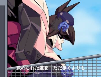 animal_ears blue_flower blue_rose blue_sky cloud commentary_request flipped_hair flower hat hat_flower horse_ears kikou_senki_dragonar mecha mecha_focus no_humans parody purple_eyes reprilo_channel rice_shower_(umamusume) robot rose scene_reference science_fiction sky subtitled tilted_headwear umamusume