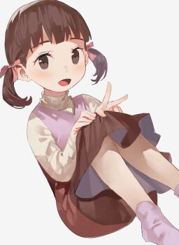 1girl blunt_bangs blush brown_dress brown_eyes brown_hair commentary_request doujima_nanako dress feet_out_of_frame hair_ribbon highres jc_(pixiv_66949345) knees_up looking_at_viewer no_shoes open_mouth persona persona_4 pink_ribbon pink_shirt pink_socks ribbon shirt short_hair simple_background sitting socks solo sweater turtleneck turtleneck_sweater twintails v white_sweater