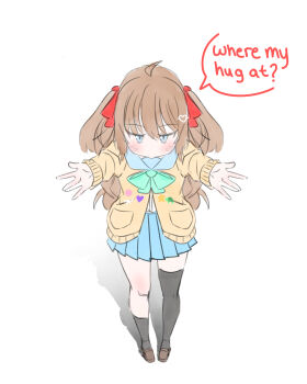 \||/ absurdres ahoge asymmetrical_legwear bandaid bandaid_on_knee bandaid_on_leg black_socks black_thighhighs blue_eyes blue_sailor_collar blue_skirt blush bow bowtie brown_hair brown_shoes cardigan english_text foreshortening from_above full_body green_bow green_bowtie hair_between_eyes hair_ornament hair_ribbon heart heart_hair_ornament highres hypotheticmyth jitome loafers long_sleeves looking_at_viewer looking_up miniskirt neuro-sama outstretched_arms pleated_skirt reaching reaching_towards_viewer red_ribbon ribbon sailor_collar shadow shoes simple_background skirt socks speech_bubble standing thighhighs two_side_up vedal_ai white_background yellow_cardigan yurie_mouth