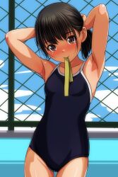 Rule 34 | 1girl, absurdres, arms behind head, black hair, black one-piece swimsuit, blue sky, blush, breasts, brown eyes, chain-link fence, cloud, competition school swimsuit, cowboy shot, fence, highres, holding, holding own hair, matsunaga kouyou, mouth hold, nose blush, one-piece swimsuit, original, ribbon, school swimsuit, sky, small breasts, solo, standing, swimsuit