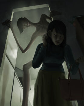 1girl 1other absurdres asymmetrical_bangs bag black_hair blue_shirt closed_eyes closed_mouth collarbone commentary_request dress from_below green_dress gums handbag highres horror_(theme) indoors long_arms long_fingers long_hair long_legs long_neck long_sleeves looking_down monster nose nude open_mouth original picture_frame plant potted_plant red_lips shirt short_hair stalking teeth xlazyx