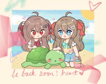 2girls :> :d adapted_costume ahoge aqua_bow aqua_bowtie beach black_tank_top blue_eyes blue_skirt blush blush_stickers border bow bowtie broken_heart broken_heart_hair_ornament brown_hair bucket chibi chibi_only chrchie_(artist) english_text evil_neuro-sama hair_between_eyes hair_intakes hair_ornament hair_ribbon heart highres holding holding_bucket kneeling long_hair looking_at_animal multiple_girls neuro-sama notice_lines ocean open_mouth outdoors red_bow red_bowtie red_eyes red_ribbon ribbon sand siblings sisters skirt skull_hair_ornament sleeping smile sparkle sun tank_top turtle twins two_side_up vedal987 vedal_ai very_long_hair virtual_youtuber water yellow_border yellow_tank_top