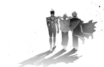 3boys ahoge arms_behind_head black_bodysuit body_markings bodysuit cloak collarbone dragon_boy_(to_be_hero_x) e-soul_(to_be_hero_x) facing_away from_behind full_body ghostblade_(to_be_hero_x) grey_hair greyscale hawaiian_shirt highres jingfngyny80992 male_focus mask monochrome multiple_boys print_shirt shirt short_hair spiked_hair superhero_costume to_be_hero to_be_hero_x walking white_background