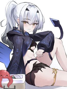 1girl absurdres bikini black_bikini black_shrug breasts can commentary_request cooler dragon_wings drink_can fate/grand_order fate_(series) forked_eyebrows grin high_ponytail highres jewelry long_hair long_sleeves looking_at_viewer mask melusine_(fate) melusine_(swimsuit_ruler)_(fate) melusine_(swimsuit_ruler)_(first_ascension)_(fate) mouth_mask octopus ponytail shrug_(clothing) sidelocks sitting small_breasts smile soda_can solo swimsuit tail thighlet thighs white_hair wings yellow_eyes yugusan5