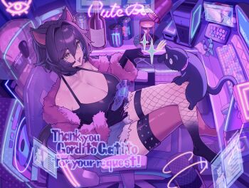 1girl :d animal_ears asymmetrical_legwear bare_shoulders black_gloves black_hair black_sports_bra black_thighhighs blue_shorts breasts cat cat_ears chair cleavage commission commissioner_name controller fang fishnet_thighhighs fishnets fur-trimmed_shorts fur_trim game_controller gloves holding holding_controller holding_game_controller indoors jacket large_breasts looking_at_viewer on_chair open_mouth original pink_jacket shirogami_seisho short_hair shorts sitting skeb_commission skin_fang smile solo sports_bra thank_you thighhighs yellow_eyes