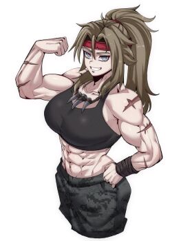 1girl 7a_(se7ena) abs astra_militarum black_pants black_sports_bra blue_eyes breasts brown_hair catachan_jungle_fighter collarbone commentary commission cropped_legs english_commentary flexing grin hair_between_eyes hand_on_own_hip headband highres jewelry large_breasts long_hair muscular muscular_female necklace pants red_headband scar scar_on_arm simple_background smile solo sports_bra tooth_necklace warhammer_40k white_background