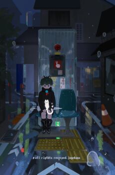 1boy absurdres animal_ears black_boots black_coat black_eyes black_hair boots cat cat_boy cat_ears city coat commentary highres house juyekuno knee_boots night original short_hair sitting solo symbol-only_commentary thighs white_cat