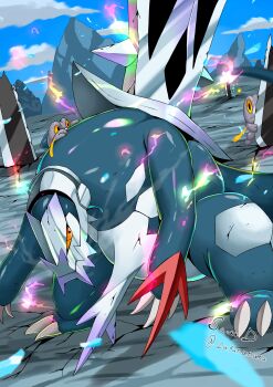 absurdres alternate_color baxcalibur blue_skin claws colored_sclera colored_skin commentary_request dragon fangs frigibax highres ice icicle mega_baxcalibur mega_pokemon mountain nintendo pokemon pokemon_(creature) pokemon_focus pokemon_on_back red_claws sawa_d scales shiny_and_normal shiny_pokemon spines sword tail weapon yellow_eyes yellow_sclera