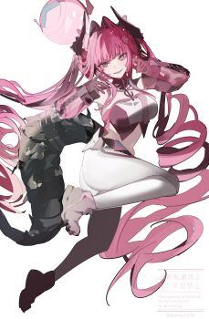 1girl absurdres aonogura arknights arknights:_endfield blue_eyes commentary_request dragon_girl dragon_horns dragon_tail drill_hair hair_intakes highres horns long_hair looking_at_viewer multicolored_hair pants pink_hair simple_background solo streaked_hair tail tight_clothes tight_pants twin_drills twintails watermark white_background white_pants yvonne_(arknights)