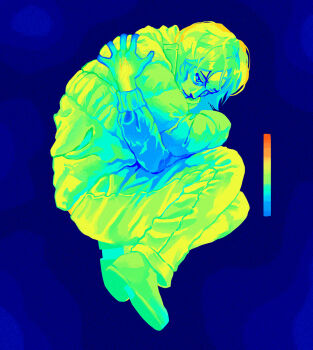1boy blue_background coat coat_guy_(no_i&#039;m_not_a_human) colorful fetal_position full_body highres jacket jisolpark male_focus no_i&#039;m_not_a_human nose painterly pants rainbow self_hug shoes short_hair solo thermal_imaging veins