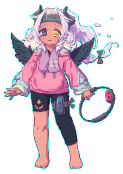 1girl :3 alternate_costume amaryllis_gumi arms_at_sides asymmetrical_legwear barefoot black_eyes black_wings blonde_hair bow closed_mouth colored_inner_hair controller demon_girl feral_lemma fiery_hair floating_hair full_body game_controller hair_bow hair_intakes heterochromia highres holding holding_controller holding_game_controller holster hood hood_down hoodie horizontal_pupils horns joy-con leggings long_hair long_sleeves looking_at_viewer multicolored_hair pink_hoodie ponytail purple_hair ring-con ring_fit_adventure simple_background smile solo spread_wings standing sweatband thigh_holster thigh_strap towel towel_around_neck uneven_legwear virtual_youtuber white_background wings yellow_eyes yotsutsuji_mayoi