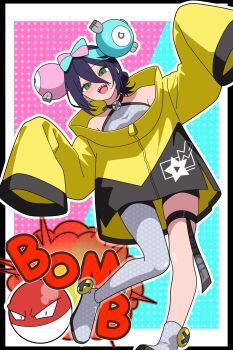 Rule 34 | 1girl, black hair, blush, breasts, chainsaw man, character hair ornament, commentary request, cosplay, explosion, gen 1 pokemon, green eyes, grey pantyhose, hair between eyes, hair ornament, hexagon print, highres, iono (pokemon), iono (pokemon) (cosplay), jacket, long sleeves, looking at viewer, nintendo, odorukaminoke, open mouth, oversized clothes, pantyhose, pokemon, pokemon (creature), pokemon sv, purple hair, reze (chainsaw man), sharp teeth, shirt, single leg pantyhose, sleeves past fingers, sleeves past wrists, smile, sound effects, teeth, voltorb, yellow jacket