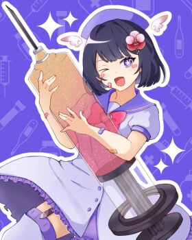 1girl aegis-link bandaid bandaid_on_arm bandaid_on_cheek bandaid_on_face black_hair blush_stickers bright_pupils detached_wings dress garter_straps grey_dress hat highres holding holding_syringe large_syringe m@gical_cure!_love_shot!_(vocaloid) maefae one_eye_closed open_mouth outline oversized_object purple_background purple_eyes purple_hat purple_sailor_collar sailor_collar second-party_source short_hair solo sparkle star-shaped_pupils star_(symbol) symbol-shaped_pupils syringe virtual_youtuber whafsahm white_outline white_pupils white_wings wings