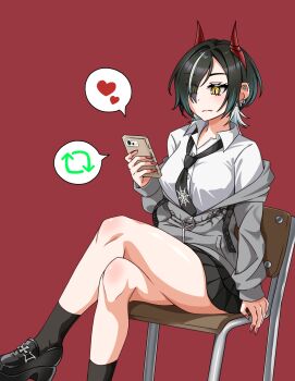 Rule 34 | 1girl, arm behind back, azur lane, bare legs, black hair, black necktie, black skirt, blush, breasts, chair, collared shirt, commentary request, cross, crossed legs, ear piercing, expressionless, hand up, high heels, highres, holding, holding phone, horns, iron cross, light frown, looking back, medium breasts, medium hair, miniskirt, multicolored hair, nail polish, necktie, ogino nel, on chair, phone, piercing, pleated skirt, red nails, shirt, sitting, skirt, slit pupils, solo, spider web print, thighs, two-tone hair, ulrich von hutten (azur lane), ulrich von hutten (what comes after the bell) (azur lane), white hair, white shirt, yellow eyes