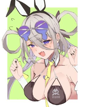1girl animal_ears bare_shoulders black_one-piece_swimsuit blush breasts cleavage detached_collar detached_sleeves eyewear_on_head fake_animal_ears fate/grand_order fate_(series) grey_hair hair_between_eyes hair_ornament hair_rings hairclip highres huyan_zhuo_(fate) huyan_zhuo_(swimsuit_berserker)_(fate) large_breasts long_hair looking_at_viewer low_twintails necktie one-piece_swimsuit open_mouth purple_eyes shimaa482 smile solo sunglasses swimsuit twintails very_long_hair