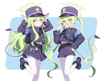 2girls :d absurdres armband black_hat black_jacket black_shoes black_shorts black_skirt blue_archive blue_armband blue_background demon_tail fuwawa_(fuwawa617) gloves green_hair green_halo halo hat highres hikari_(blue_archive) jacket long_hair looking_at_viewer multiple_girls nozomi_(blue_archive) open_mouth pantyhose pleated_skirt pointy_ears revision shoes shorts siblings sidelocks simple_background sisters skirt smile standing standing_on_one_leg tail twins twintails very_long_hair white_gloves white_pantyhose yellow_eyes